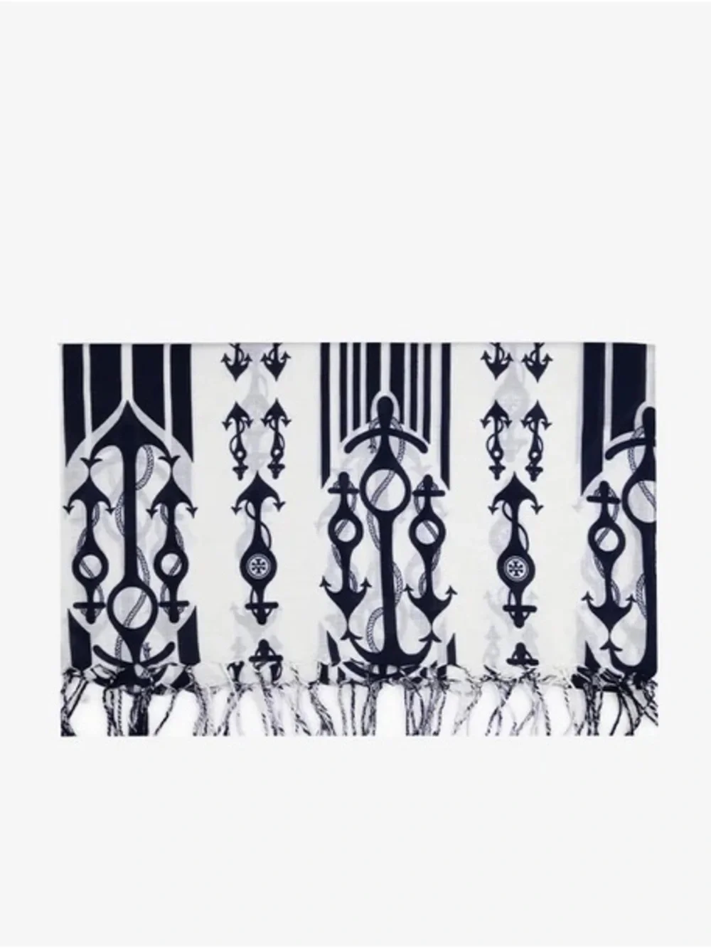 Tory Burch seafaring scarf white and navy nautical anchor pattern fringed edges